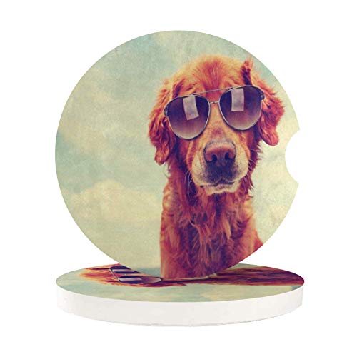 Car Coasters for Cup Holders Insert 2 Pack Funny Golden Retriever Dog with Sunglasses Auto Cupholder Coaster for Your Car Womens Mens Girls Drinks Absorbent Cork Wood Coasters Set Vehicle Cup Mat