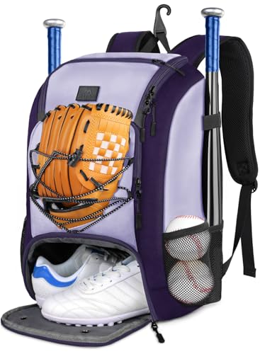 MATEIN Purple Baseball Backpack, Lightweight Bat Bag with Large Strorage Design & Fence Hook for Softball Training, All-in-One Baseball Bag for Teens & Adults Players Holds 2 Tball Bats, Cleats, Glove