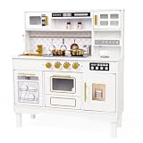 Wooden Kids Play Kitchen, Modern White Toddler Kitchen Playset with Realistic Stove, Click-Sound Knobs & Storage Cabinets, Montessori Pretend Cooking Toy Gift for Boys & Girls Age 3+ （White）