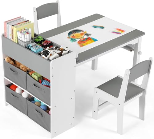 Mesa Infantil con 2 Sillas, Escritorio Infantil con Espacio de Almacenamiento, Mesa y Silla Infantil con Portarrollos de Papel y 4 Cajas de Almacenamiento, Mesa para Niños para Guardería Escolar, Gris