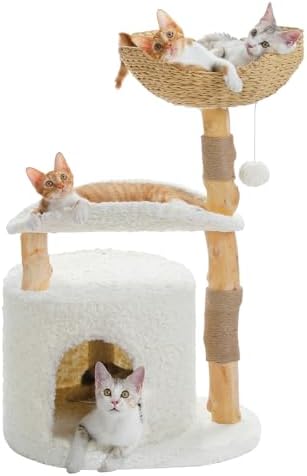 PAWZ Road Modern Cat Tree with Real Wood, Wicker Basket&Curved Be...