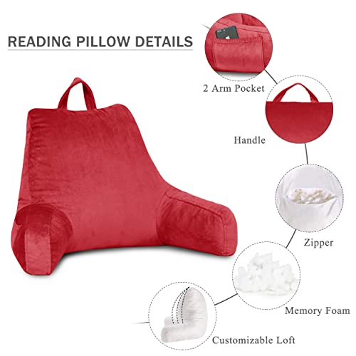 Downluxe Reading Pillow With Support Arms, Bed Pillows For Sitting Up In Bed/Couch, Large Adult Arm Pillow With Shredded Memory Foam And Removable Cover (20 X 15 Inches Red) #TOP2