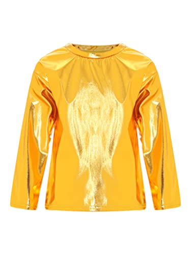 HULIJA Camiseta básica metálica de manga larga para niños y niñas, parte superior brillante, hip hop, jazz, fiesta, danza, actuaciones escénicas, dorado, 122-128