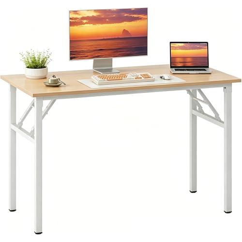 Image of Need Office Computer Desk 47.2x23.6 in Sturdy Folding Laptop Table Teak | White Frame Writing Gaming Work Table /Foldable Home Office Desk /Sewing Table, No Assembly Required