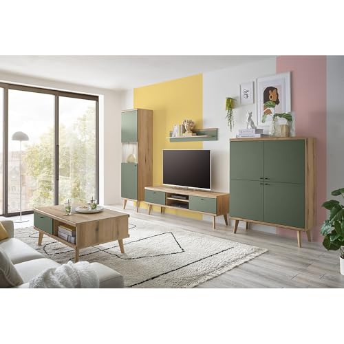 Lomadox Wohnwand Anbauwand in Eiche mit grün Modern 5-teilig, inkl. Couchtisch, Standvitrine, TV-Lowboard, Wandregal, Highboard und Beleuchtung