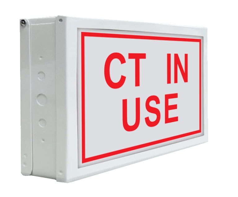 Znak LED CT IN USE - do centrów obrazowania medycznego - uchwyt ścienny - metalowa obudowa z plastikowym przodem - jasne światło LED - 120 VAC przewodowy - 1 opakowanie