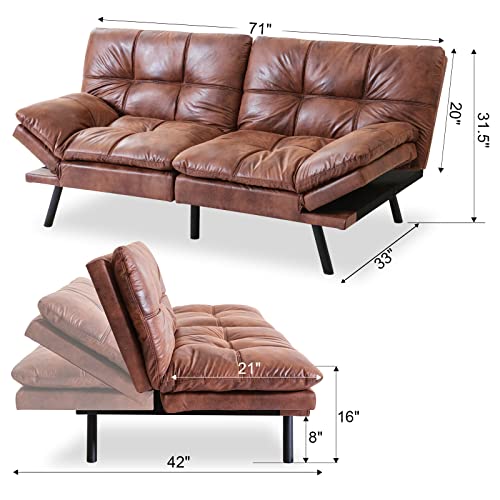 Maxspeed Leather Futon Sofa Bed,Convertible Memory Foam Couch Bed,Modern Loveseat With Covertible Armrests For Rv Car Living Room&Bedroom Small Space（Brown） #TOP1
