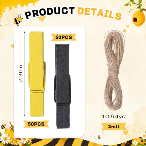 Amyhill 100 Pcs Yellow and Black Wooden Clothespins with Natural Jute Twine Summer Photo Clips Snack Close Laundry Clip Cartoon Wood Food Peg for Pictures Display Hanging Clothes Home Party Wedding