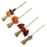 Cabilock 4 Stück Hexenbesen für Halloween mit Stoff Kürbis und Fledermausverzierungen und Platzsparend und Kreativ Party und Dekoration