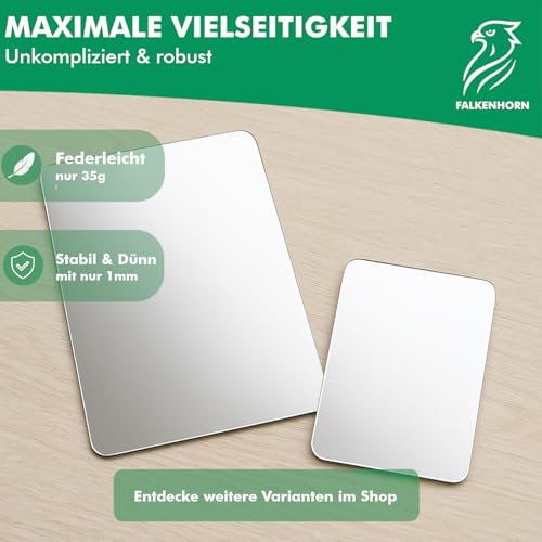 Falkenhorn Handspiegel – doppelseitiger, ultraflacher Acryl-Spiegel in rechteckiger Form, ideal für Basteln, Kinder, DIY, Geldbörse, Kosmetik und unterwegs – 15 x 20 cm (rechteckig), 1 Stück