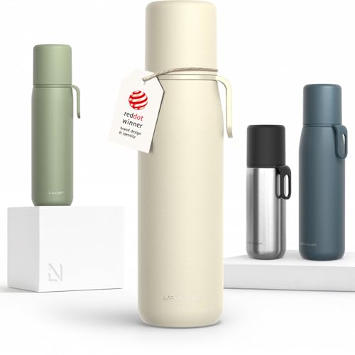 Image of LARS NYSOM Stainless Steel Thermo Water Bottle - Double Wall Insulated Water Bottle with Cup & Carry Strap, Leakproof Metal Bottle for Travel, Office & Outdoor (Almond Beige, 34oz)