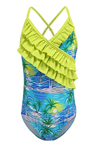 Image of Girls One Piece Swimsuits Hawaiian Ruffle Swimwear Beach Bathing Suit for Summer Vacation