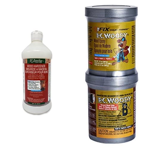 PC Products Wood Repair Bundle, PC-Petrifier Water-Based Wood Hardener, 32 oz, Milky White and PC-Woody Wood Repair Epoxy Paste, Two-Part 12 oz, Tan
