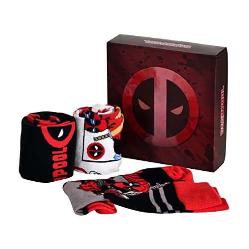 Elbenwald 3er Socken Geschenkbox - verschiedene Motive wie Jurassic Park, Marvel, Star Wars Geschenkidee Unisex Mehrfarbig (DE/NL/SE/PL, Numerisch, 35, 41, Regular, Regular, Deadpool)