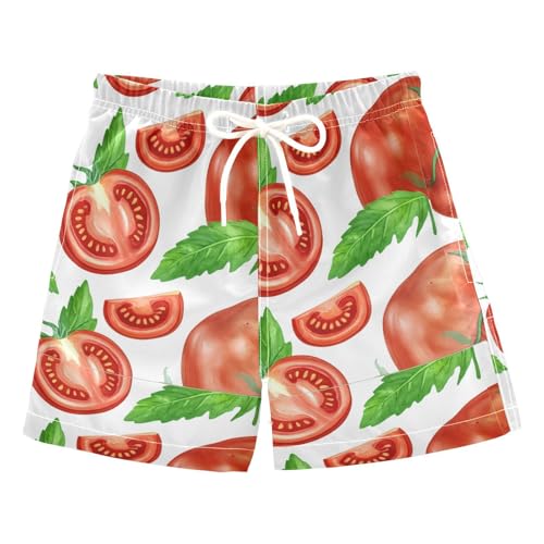 DOMIKING Tomato Slice White Toddler Boys' Swim Trunks Mesh Lining Swim Shorts for Boys Kids Adjustable Waist 2T