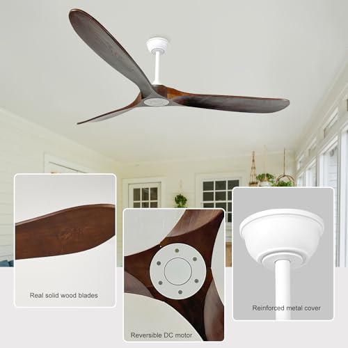 Image of 72'' Outdoor Ceiling Fans without Light,3 Solid Wood Blades with DC Silent and Large Airflow,Modern Ceiling Fan for Bedroom,Living Room,Porch (White+Dark walnut)