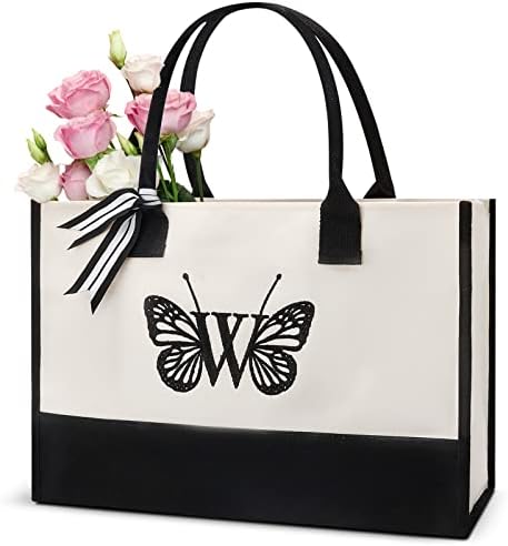 Gift Ideas, for Women, Unique Embroidery Personalized Initial Canvas Tote Bag, Cool Birthday Beach Christmas Womens Butterfly Gifts for Her Mom Woman Sister Teacher Best Friend Female, Letter W