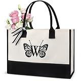Gift Ideas, for Women, Unique Embroidery Personalized Initial Canvas Tote Bag, Cool Birthday Beach C