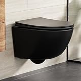 Rainsworth WC sospeso senza bordi – Forte risciacquo, ciotola per WC con abbassamento automatico, design compatto 48,5 cm di lunghezza, facile da alcuni, ideale per salire il bagno, colore nero