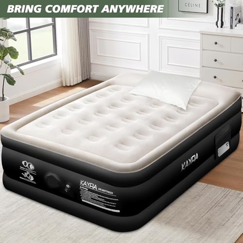Full Air Mattress with Built-in Rechargeable Pump Quick Set up Inflatable Mattress under 3 Mins for Camping & Portable Travel Blow up Bed Leak-free Luxury 18\" Flocked Air Bed with Raised Pillow, Black