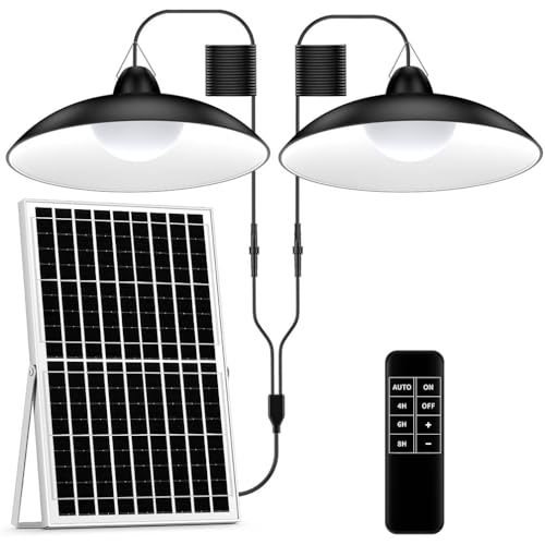 ZZE Solar Shed Light Indoor Outdoor with Dual Big 8.7” Dimmable Lamps, 2000LM Daytime Available Pendant Solar Powered Light with Remote Dusk to Dawn IP67 Waterproof for Gazebo, Storage, Shop, Barn