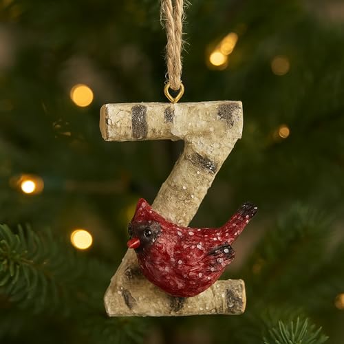 Cardinal Initial Christmas Tree Ornament Letter with Cardinal Birds on Birch Christmas Tree Decorations-Keepsake for Family (Letter Z)
