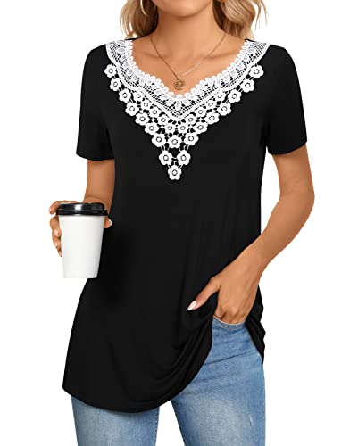 Cathy Women Summer Tunic Tops Casual Short Sleeve Fashion Crochet Lace T-Shirt Pleated Fit Blouses, Xl, V-Neck Black #TOP1