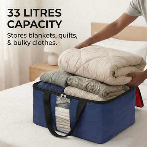 Image of EASY HOME 33 litre Under bed Storage Bags for Clothes | Cloth Storage Organizer with Zip Closure | Wardrobe Bag for Sarees & Blankets | Moisture Proof Nylon Cover Bag (Red & Black, Pack of 2)