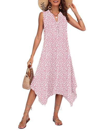 Image of AUSELILY Women Summer Midi Dress, Sleeveless Casual Asymmetrical & Pockets | V-neck midi sundress, asymmetrical flowy hem & side pockets, great for beach, vacation and daily wear