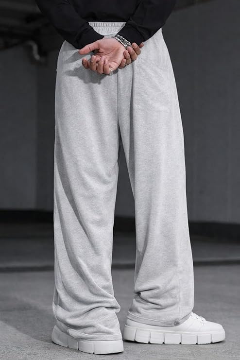 Image of Men's Wide Leg Casual Pants, High Waist Cotton Blend, Drawstring, Light Colour, Relaxed Fit