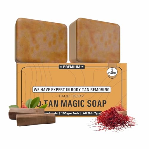 Image of Magic D-Tan Removal Soap | Handmade Saffron & Sandalwood (Kesar Chandan) Brightening Bathing Bar | Glow Enhancing Soap for Men & Women | 100 gm (Pack of 5)