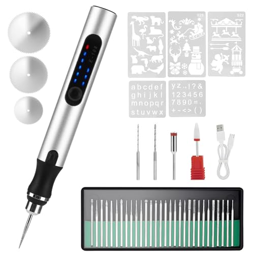 Bolígrafo De Grabado Eléctrico Con 33 Puntas De Rebaba, 5 Plantillas, 3 Ajustes De Velocidad Ajustables, Herramienta De Grabado Profesional Inalámbrica Recargable Para Joyas, Vidrio, Metal, Piedra Y