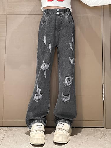 Kids Girls Elastic Waist Cool Ripped Jeans Washed Denim Wide Leg Ripped Denim Jean2
