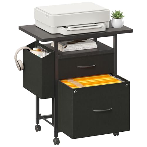DUMOS 2 Drawer Mobile File Cabinet, Fabric Filing Cabinet with 24'' Desktop,Small Office Drawers Under Desk Fits A4 Size, Rolling Printer Stand with Storage Side Bag for Home Office, Black