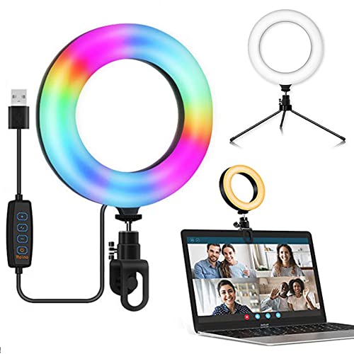 Aro de Luz LED,Anillo de Luz Videoconferencia,Aro de Luz con Tripode,6" Aro de Luz Portatil con Clip,para Laptops, Webcam, Cámaras y Teléfonos Móviles, Ajustable en 360 °, 3 Modos de Iluminación Cover