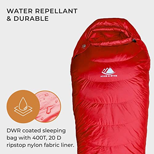 Hyke & Byke Shavano 32 F Hiking & Backpacking Sleeping Bag - 3 Season, 650Fp Duck Down Sleeping Bag - Ultralight - Red - 78In - Regular #TOP2