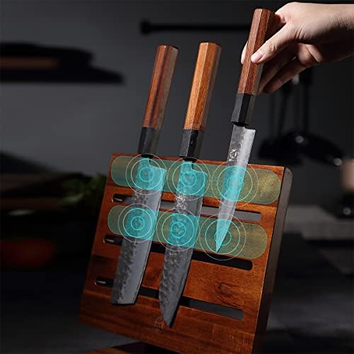 MITSUMOTO SAKARI Japanese Acacia Wood Storage Knife Block,Enhanced Double-Sided Magnetic Strip Wooden Knife Holder, Kitchen Magnetic Knife Holder