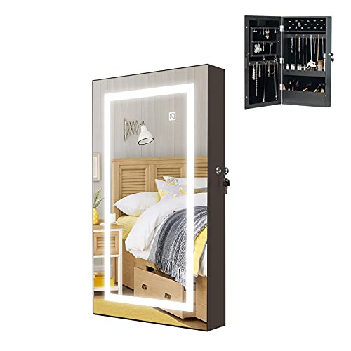 Hollyhome Lockable Jewelry Cabinet Armoire Wall Mount Touch Screen Led Light Mirrored Jewelry Cabinet Storage Organizer Black #TOP21
