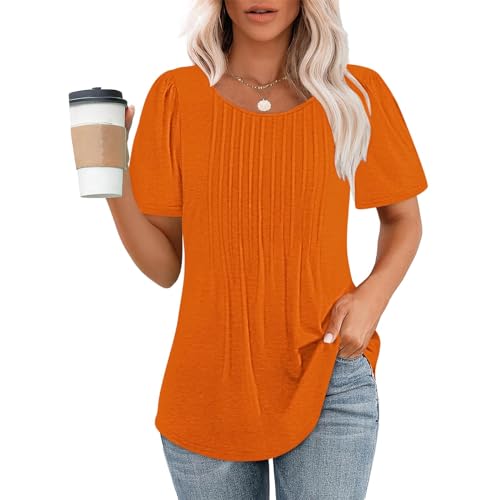 Womens Short Sleeve T Shirts Loose Fit Casual Pleated Crew Neck Tops Tee for Women Summer Blouses 2025 Trendy Y2K2