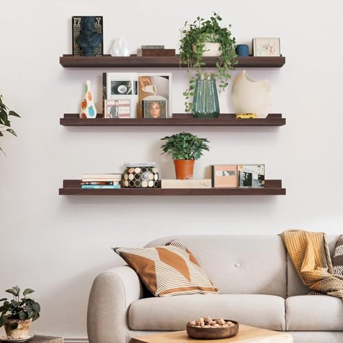 Image of Wooden Floating Wall Shelves Set of 3 for Living Room & Bedroom | Modern Wall Mounted Display Rack for Decor, Photo Frames, Plants & Storage (Walnut, 47 Inch)