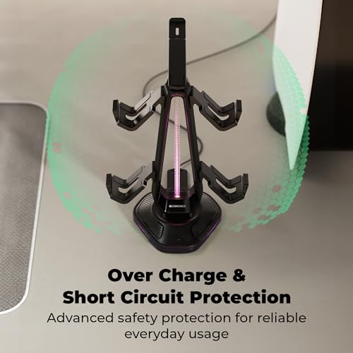 Image of Zebronics PS5S Quad Gaming Controller Stand with Headphone Hanger, Supports PS5, PS4, Xbox & Switch Controllers, 12 Dual Zone RGB Lighting, Dual USB Hub, Anti-Slip Base