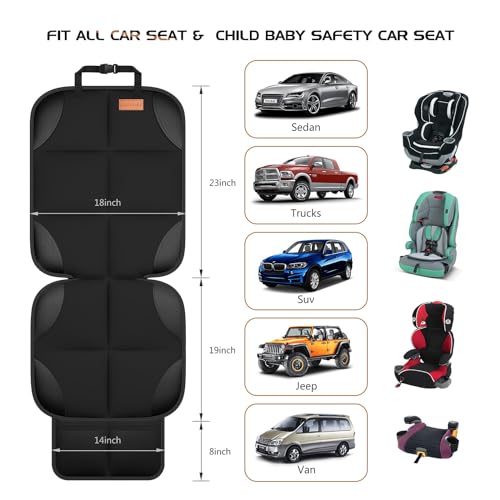 car seat protector large auto protector for child seats with thickest padding and non-slip backing mesh pockets for suv sedan truck leather and fabric - black