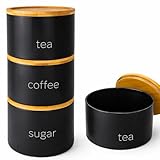 SAFRI 3 Pieces Jar with Wooden Lid Tea Coffee Sugar Canister Storage Container Bowl Pots Kitchen Storage Tins (Black)