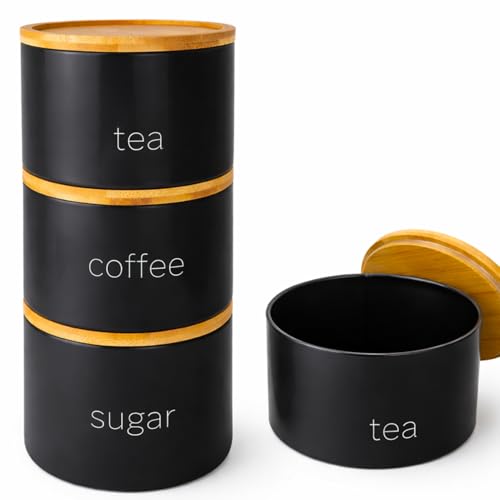 SAFRI 3 Pieces Jar with Wooden Lid Tea Coffee Sugar Canister Storage Container Bowl Pots Kitchen Storage Tins (Black)