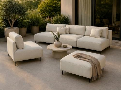 A&J MöbelLand Outdoor Lounge Set Sun mit Sofa Sessel und Hocker in Creme - Wetterfestes Gartenmöbel Set für Terrasse Balkon und Garten