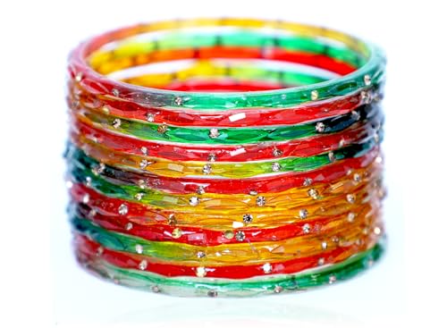JD'Z COLLECTION Indian Glass Bangles Set Indian Costume Bangles Bollywood Glass Bangle Matching Colors | Wedding Jewelry Bangle Set for Women | Transparent Crystal Bangles | Wedding Bangles Set of 12 (Multicolor-2, 2.4, Inches, 2.4, Inches, 2.4, Inches, 2.4, Inches, 2.4, Inches)