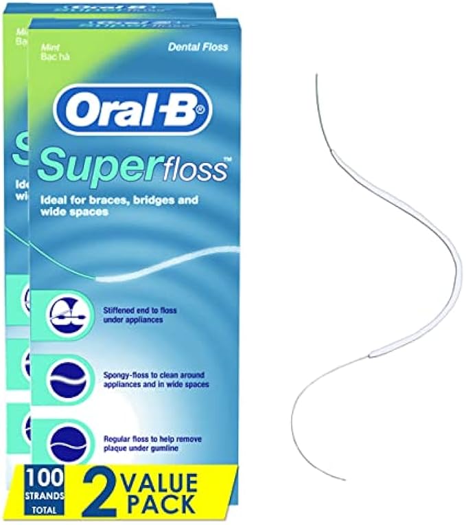 Oral-B Dental Floss for Braces, Super Floss Pre-Cut Strands, Mint, 50 Count, Pack of 2