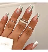 Snowflake Press on Nails Medium Coffin Fake Nails with Green Glitter Snowflake Designs Christmas ...