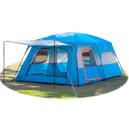 KTT Extra Large Tent 12 Person,Family Cabin Tents,2 Rooms,3 Doors and 3 Windows with Mesh,Straight Wall,Waterproof,Double Layer,Big Tent for Outdoor,Picnic,Camping,Family Gathering(Blue)