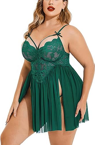 Image of Plus Size Lingerie Lace Babydoll Womens Strap Chemise Nightgown V Neck Nighty Mesh Sleepwear Side Slit Nightdress with G-Sting Panty